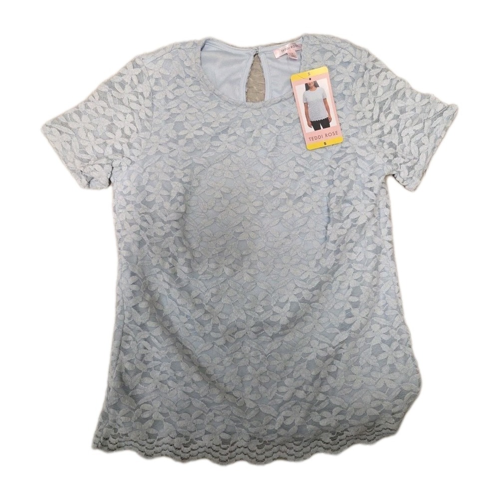 Teddi Rose Lace Overlay Short Sleeve‎ Top, Women's, Size S, Color Light Blue